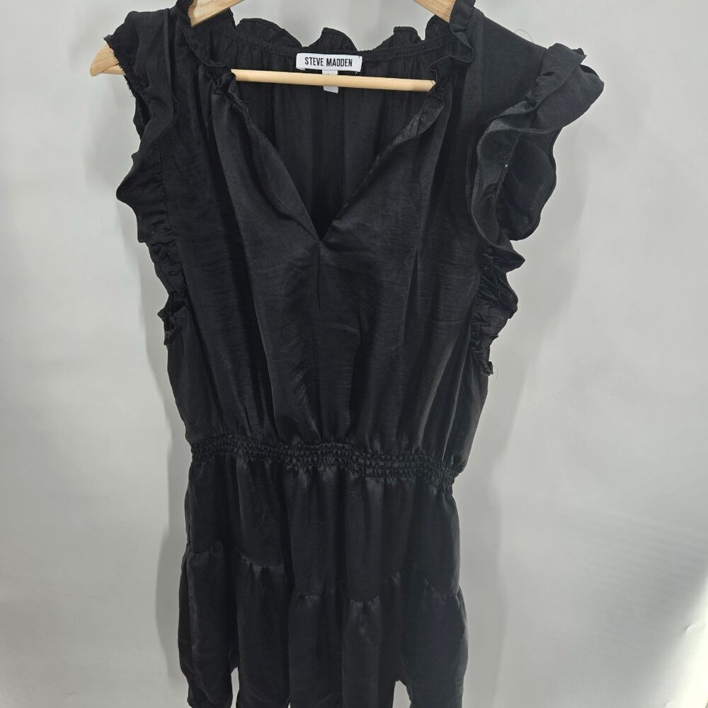 Steve Madden Black Split Neck Ruffled Sleeve Satin Tiered Mini Dress Size Large